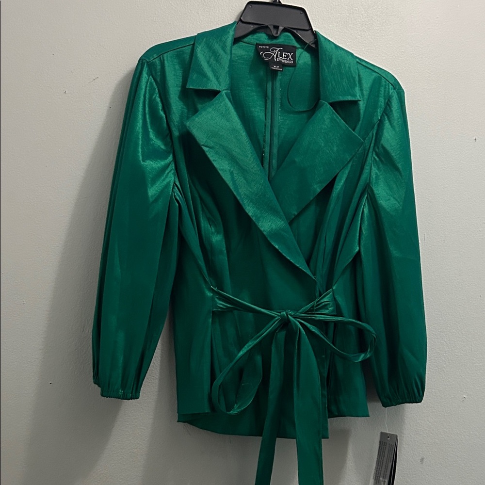 Alex Evenings Emerald Satin Wrap Blazer with Tie Waist - Picture 4 of 7